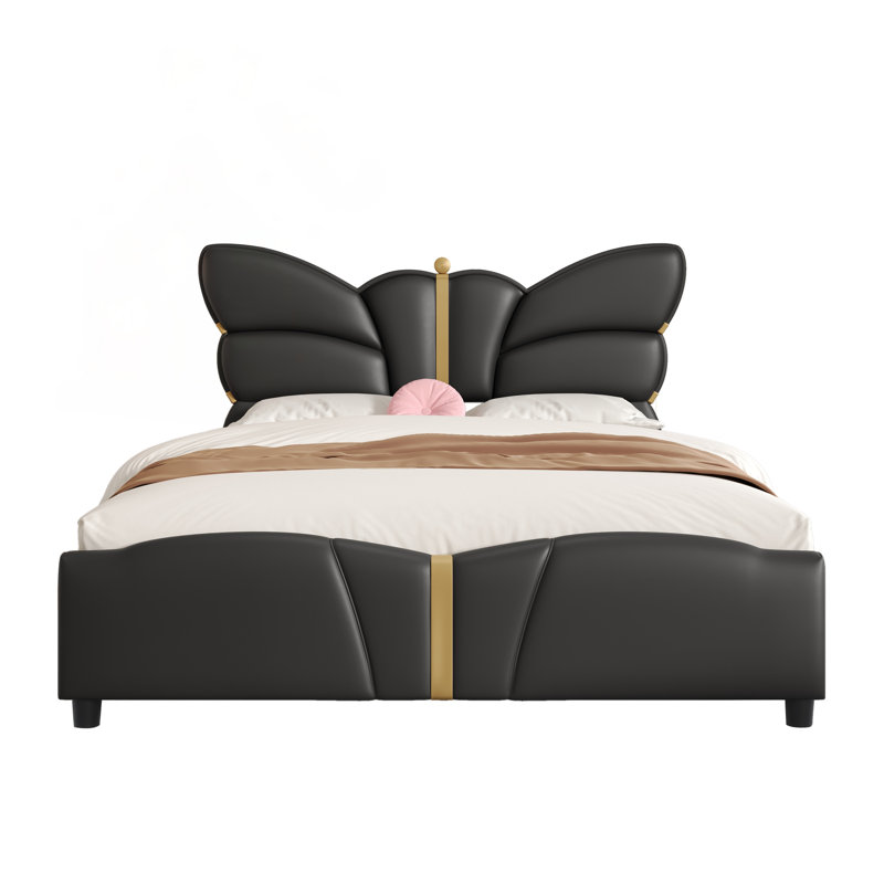 Structure de lit pleine grandeur en similicuir rembourré avec tête de lit en forme de papillon, décor en métal doré et sans sommier, noir