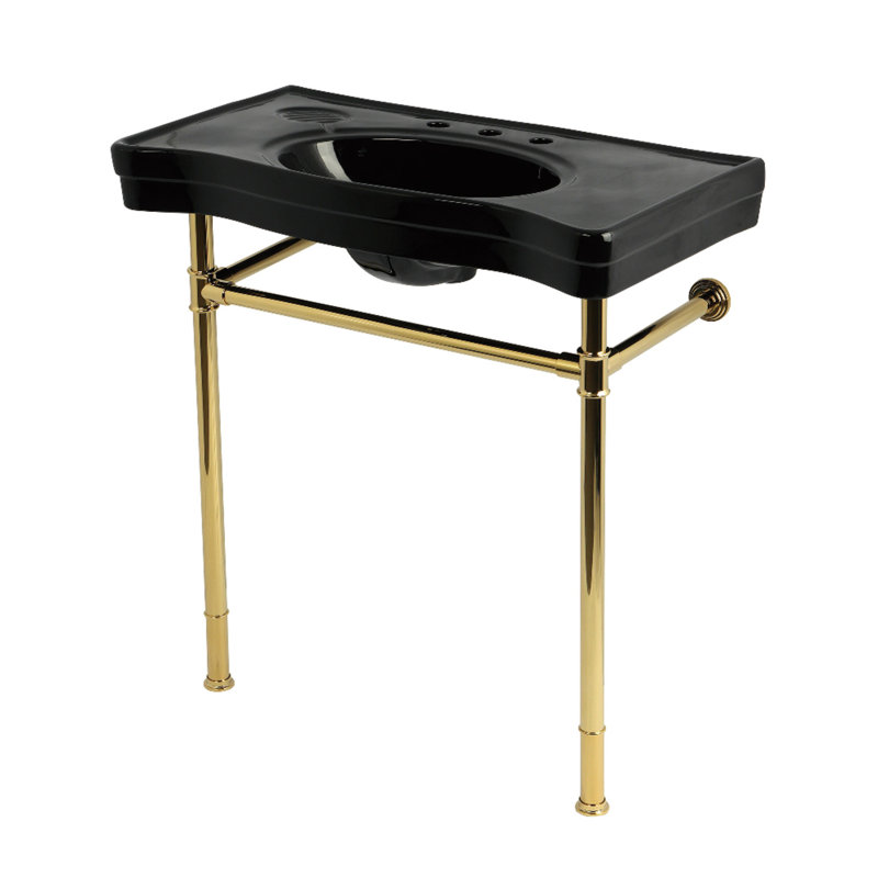 Kingston Brass Imperial 36-Inch Ceramic Console Sink with Stainless Steel Legs (8-Inch, 3-Hole), Black, Polished Brass