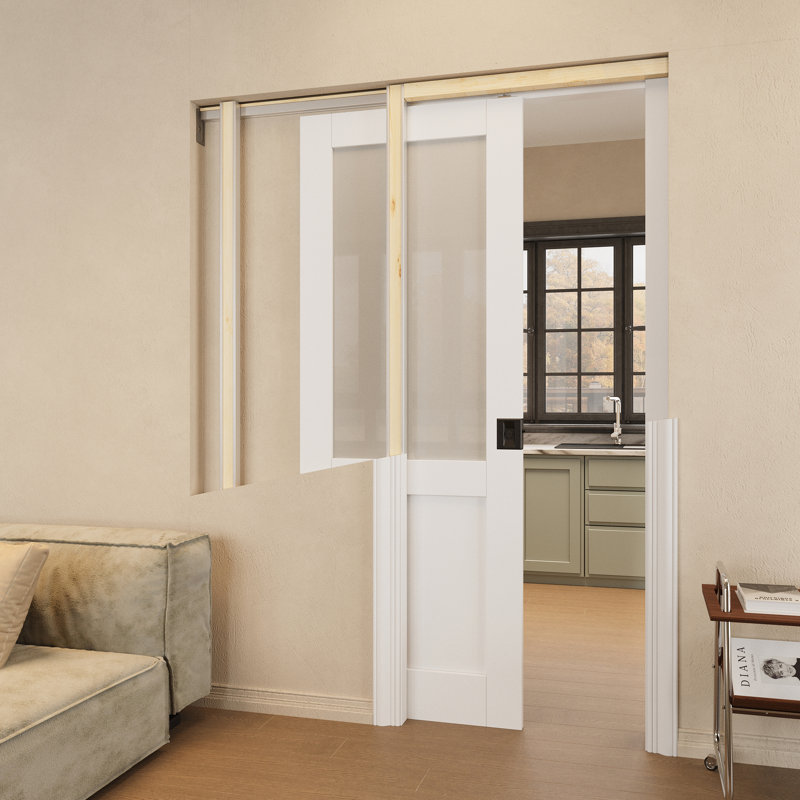 Interior Frosted Glass Panel Sliding Pocket Door Withe Solid Core Pantry Door With Privacy Pocket Lock / Soft Close
