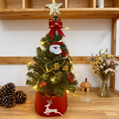 Petit arbre de Noël de table de 55 cm / 21,6 po avec lumières avec arbre de Noël étoile et ornements suspendus, arbre de Noël artificiel pré-éclairé, mini arbre de table à DEL pour décorations de Noël intérieur extérieur
