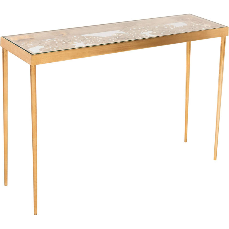 Gold Leaf Palm Leaf Glass Top Iron Console Table