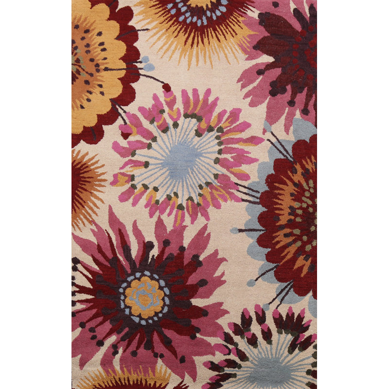Tapis beige / rouge en laine touffeté à la main Floral