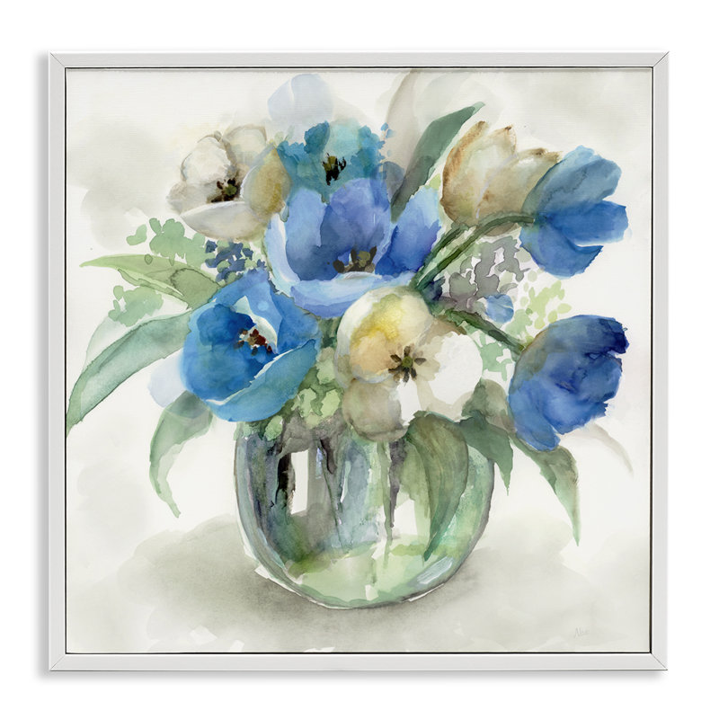 «Blue Tulip Watercolor Bouquet», estampe numérique, design par Nan, Encadrement giclée blanc côtier, H 17 po x l 17 po