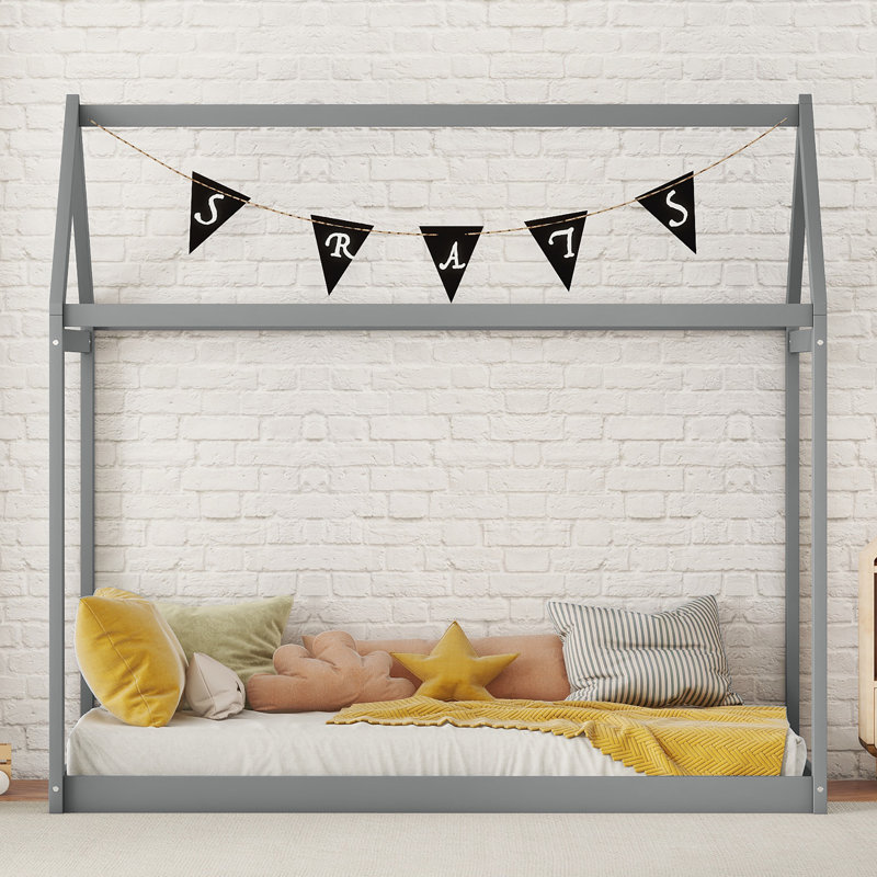 Twin Size Wooden House Bed, Gray, Gray