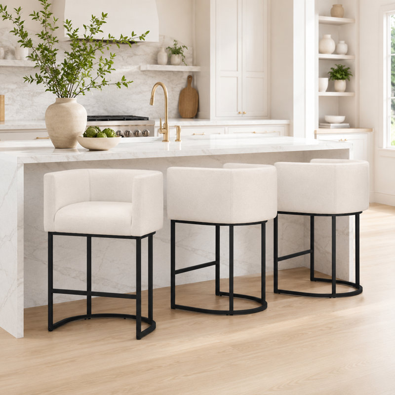 Upholstered Counter Height Stool with Metal Frame (Set of 6), Beige Seat/Black Frame, 6