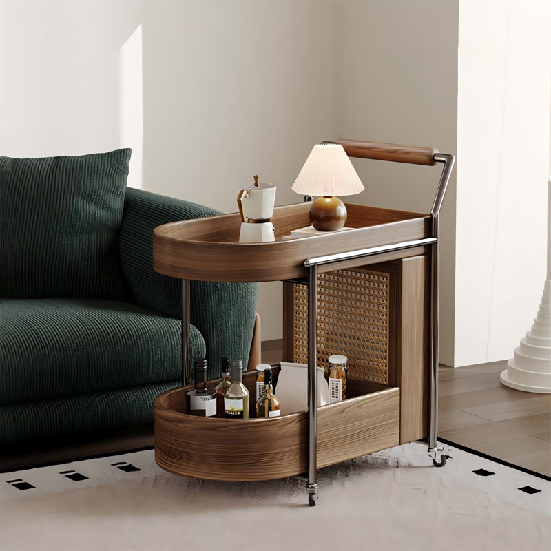Solid Wood Side Table, Walnut Rattan Weaving Cart.