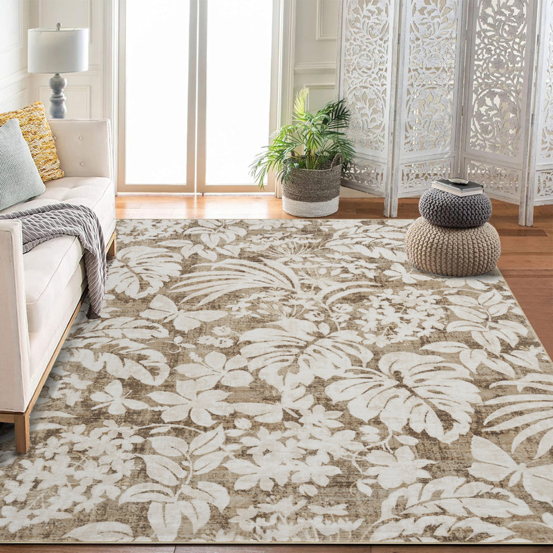 Tapis doux à motif de feuilles lavables - résistant aux marques, antidérapant, pliable, doux tapis en fausse laine - salon, chambre à coucher, cuisine - ton brun, 9 x 12 pi