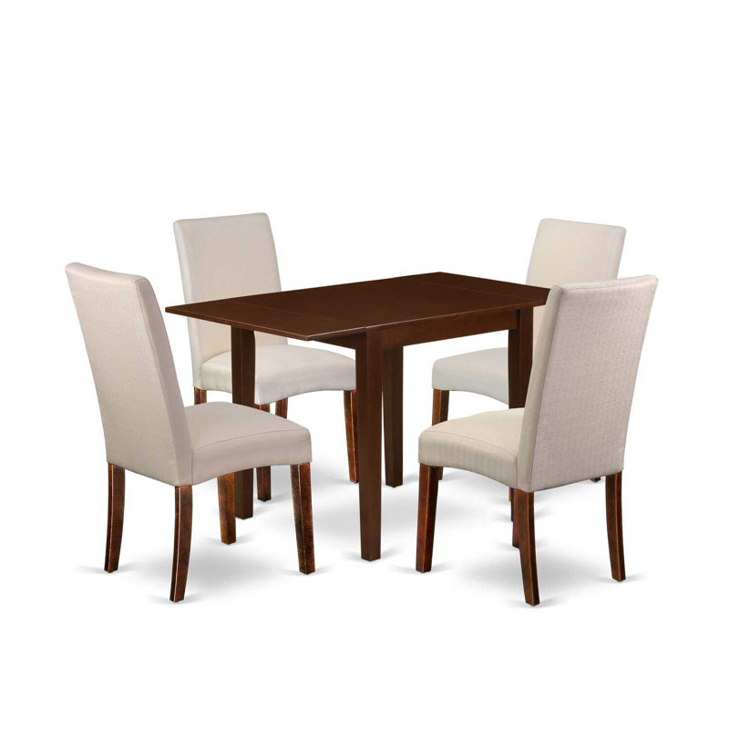 L'ensemble 5 pièces de table et chaises de cuisine comprend une table de salle à manger rectangulaire avec Dropleaf et 4 chaises Parsons en lin crème, acajou