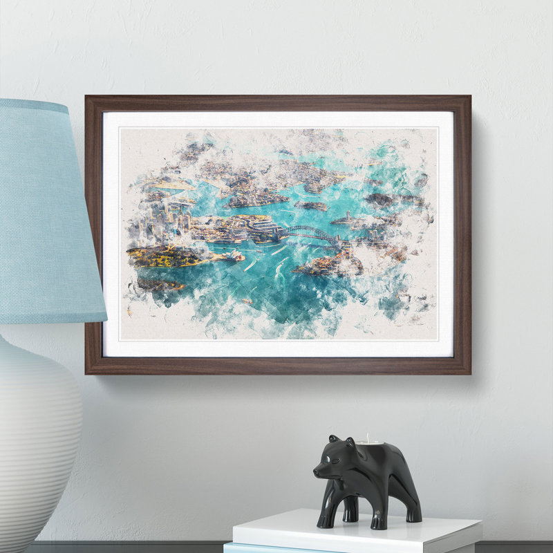 Birds Eye View Of Sydney Australia Watercolour - Single Picture Frame Print on MDF, 36cm H x 48cm W x 2cm D, Walnut Framed