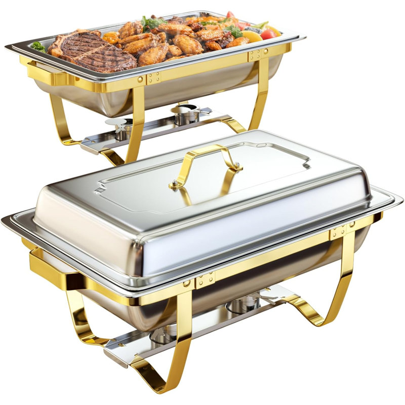 Chafing Vaisselle pour buffet, ensemble de 2 réchauds pour buffet en acier inoxydable de 9 pte, élégants chauffe-plats dorés et argentés et buffet pour les fêtes, la restauration et les événements