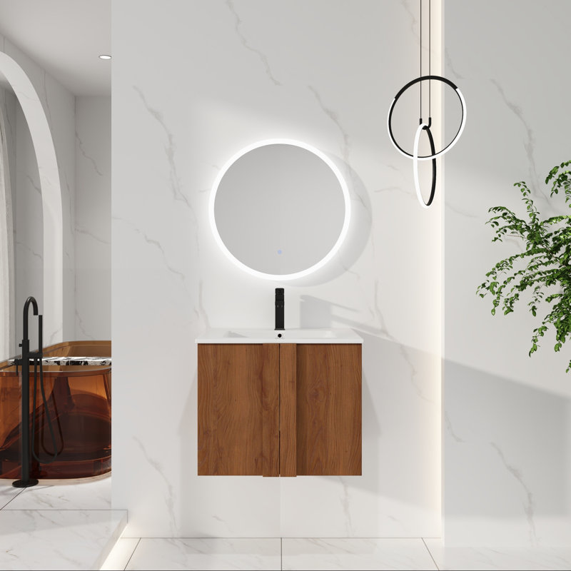 Ensemble de meuble-lavabo flottant 24 po avec évier - panneau de particules - 1 pièce - mural - ébène brun - portes à fermeture en douceur