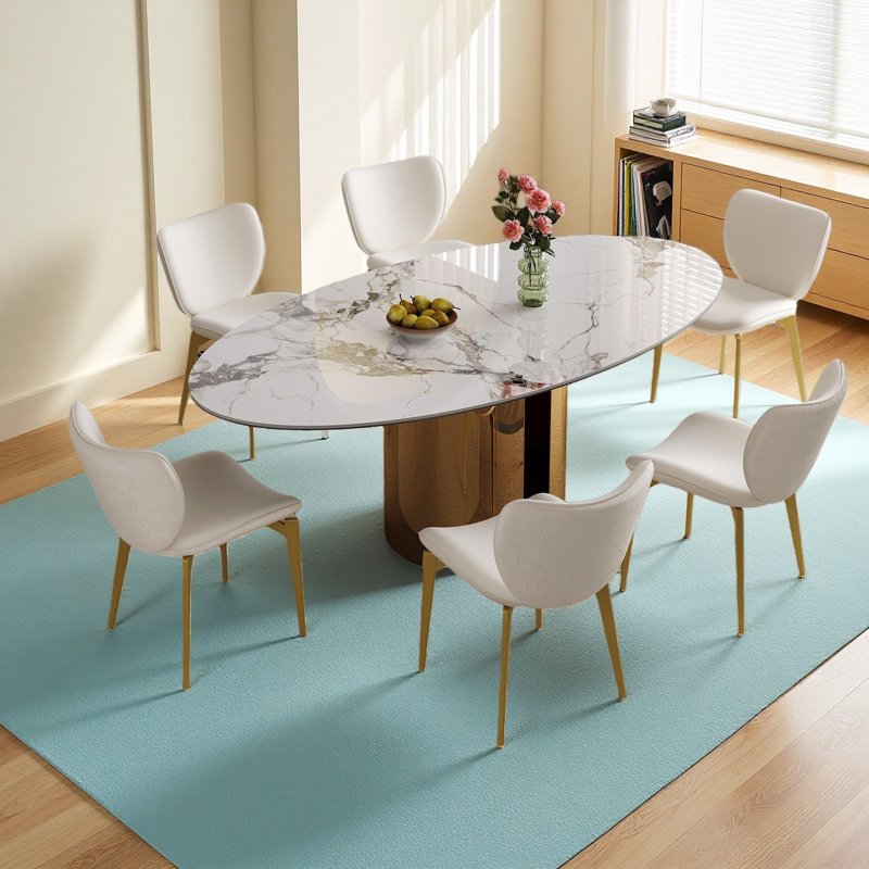 Ensemble de table de salle à manger 70,9 pouces ovale avec 6 chaises - Base en acier inoxydable cuivré, résistant aux rayures / à la chaleur, robuste et élégant pour la cuisine, la salle à manger et le salon