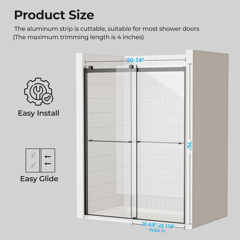 Porte de douche coulissante double sans cadre l 54 po x H 76 po avec verre trempé transparent de 5/16 po (8 mm), Noir mat