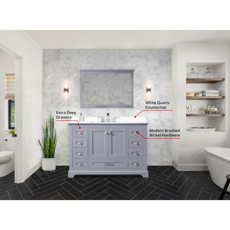 Dark Grey Single Bath Vanity 48 in. W x 22 in. D, White Quartz Top, White Square Sink, and 46 in. Mirror