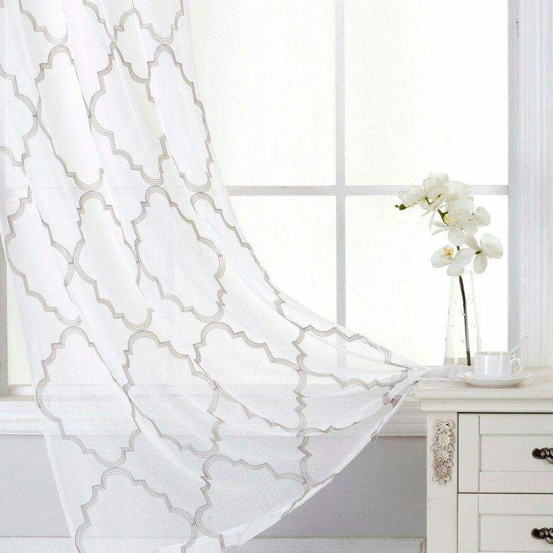 Lillias Fine Lattice Clover Designed Matte Trellis Geometric Sheer Grommet Curtain Panels, Taupe