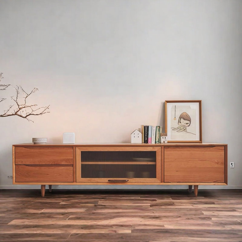 Meuble télé rétro haut de gamme, Cerisier, H 20,47 po x L 86,61 po x l 17,71 po