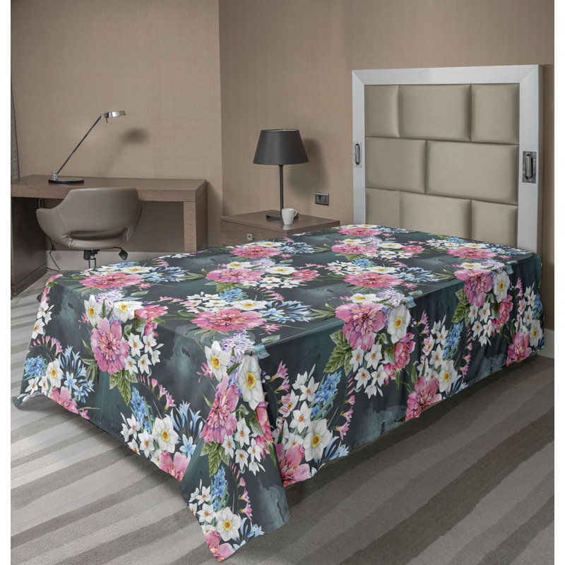 Drap plat Ambesonne, Floral bleu sarcelle foncé, Drap plat pour lit simple