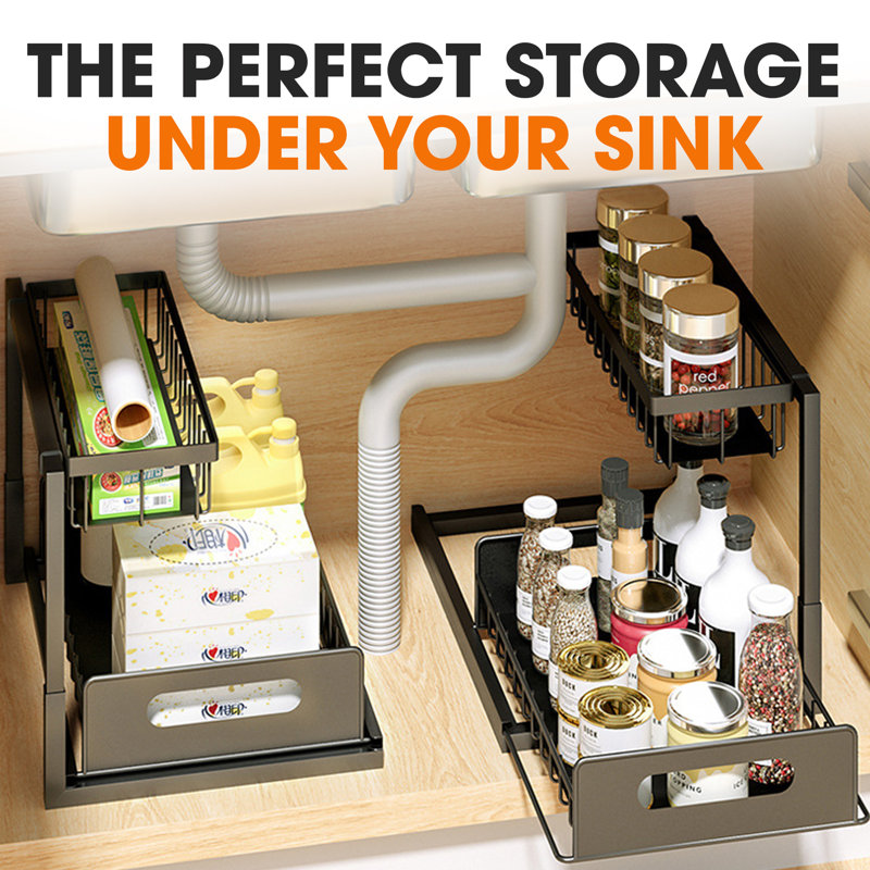 Heavy-Duty Black Metal 2-Tier Under Sink Storage Organizer