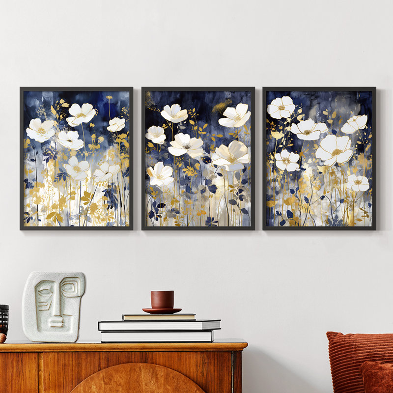 Étude florale Cxxvi -Set de 3 estampes giclées encadrées -Prêt à, Cadre noir, H 10 po x l 8 po
