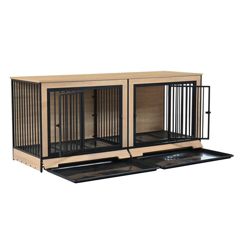 Meuble de rangement 74,8 po à deux compartiments pour cage pour 2 grands chiens