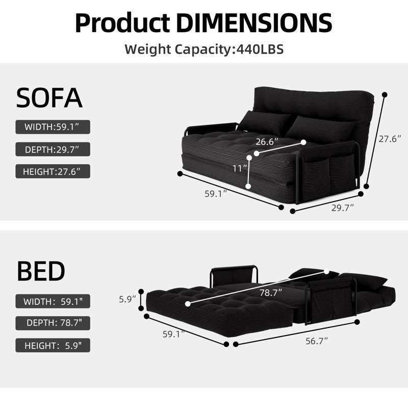 Foldable Double Corduroy Fabric Sofa Bed With High-Resilience Density Foam Cushions, Black
