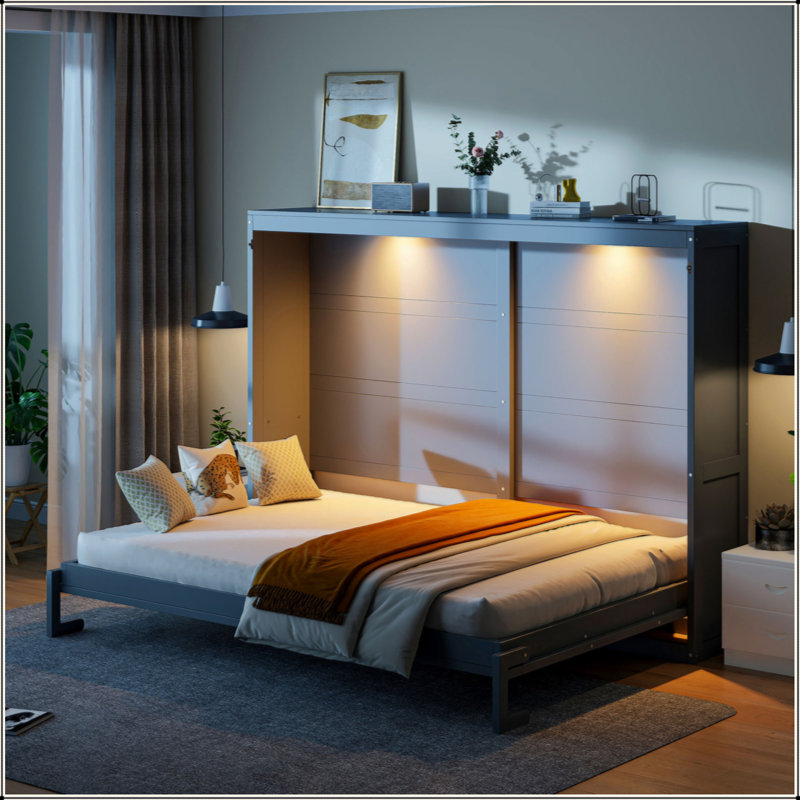 Lit escamotable mural moderne avec lumières DEL Murphy, Gris