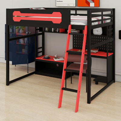 Lit mezzanine en bois avec bureau, tablettes, lumières DEL, ports USB et panneau perforé