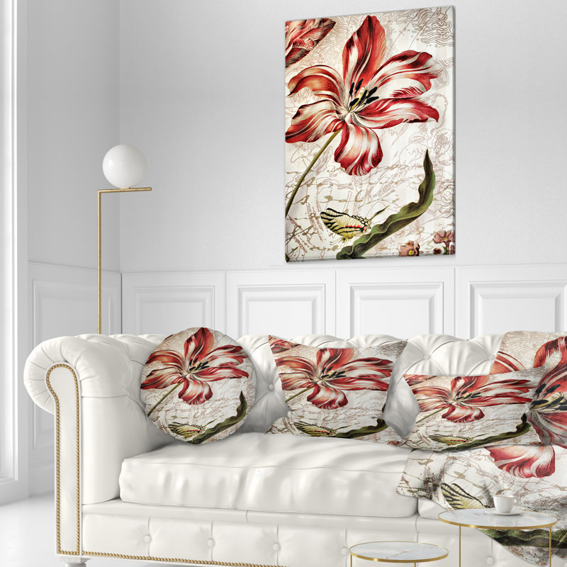 Coussin décoratif à motif floral rouge avec papillon