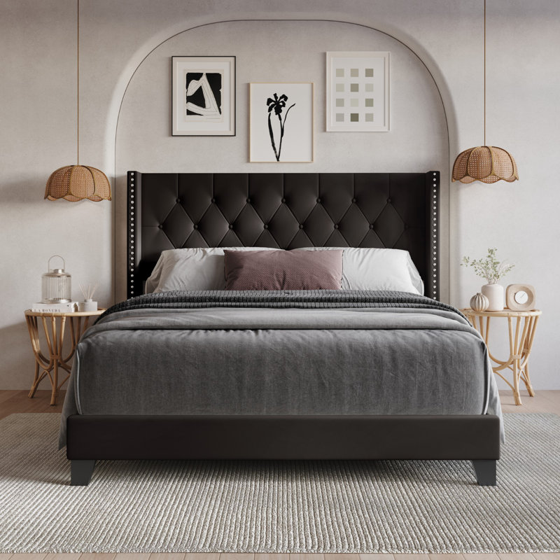 Aireanna Vegan Leather Wingback Bed, Brown, Queen