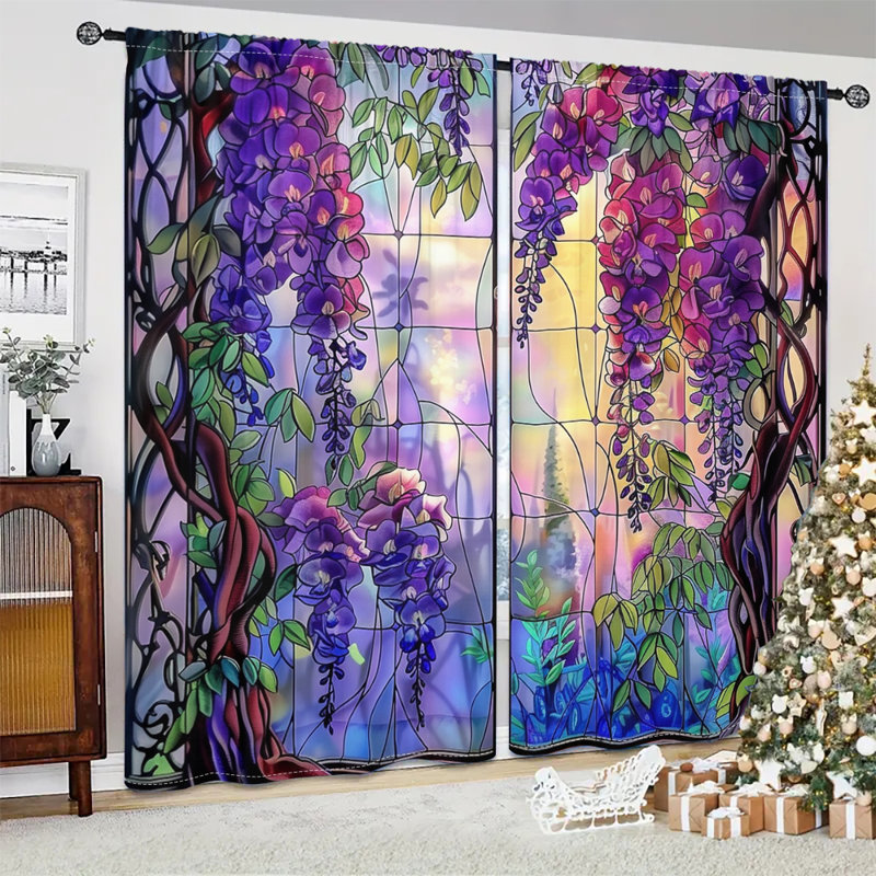 2Pcs Wisteria Stained Curtains, Floral Pattern Window Drapes, Rod Pocket Design, Light Filtering, Flowers Cascading Vine Print, Elegant Botanical Art, Suitable for Living Room Bedroom Kitchen