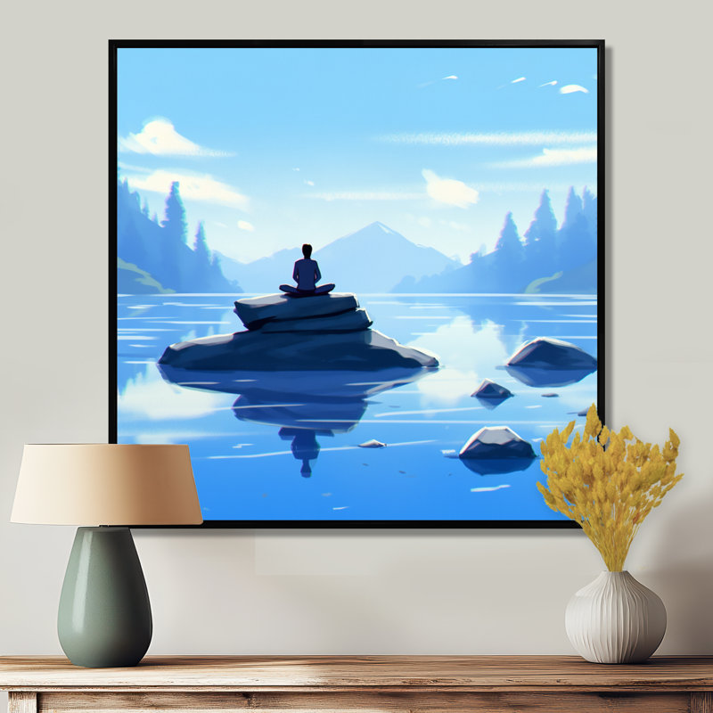 Bouddha, moine, méditation, zen bleu, Toile avec cadre flottant noir, H 16 po x l 16 po x P 1 po