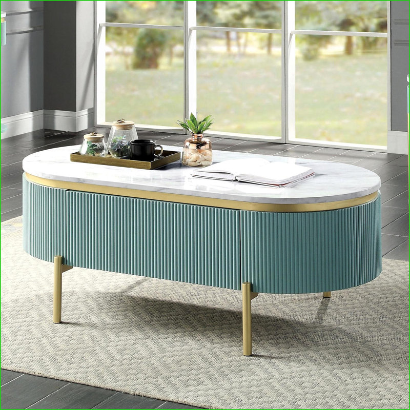 Table basse Glam Light bleu sarcelle avec plateau en faux marbre blanc - tiroir dissimulé et panneaux courbés pour le salon