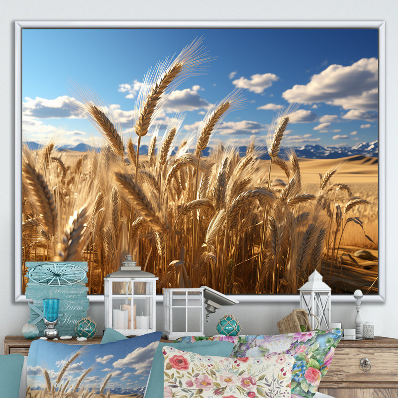 Golden Harvest Meadow Horizon I - Art mural prairie, Cadre flottant blanc, H 30 po x l 40 po x P 1,5 po