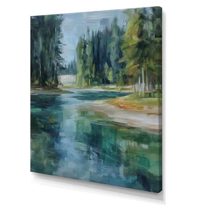 «Pine Trees Fraser River Calming Current», reproduction d'art sur toile, paysage vert, H 20 po x l 12 po, Toile tendue