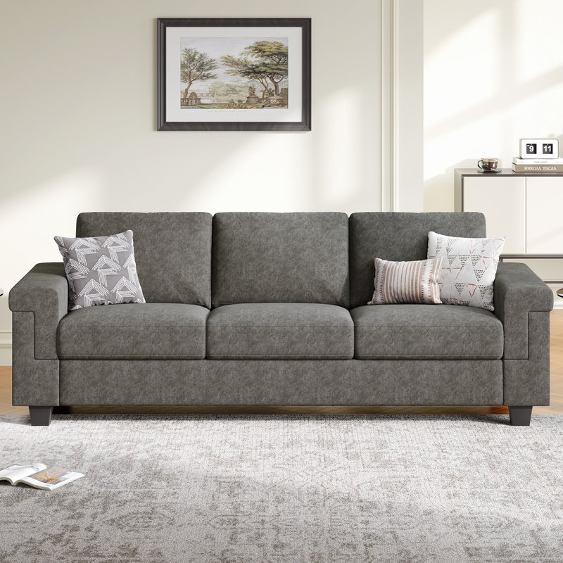 Canapé en polyester à accoudoirs carrés Dereon, Gris, H 32,7 po x l 90 po x P 35 po