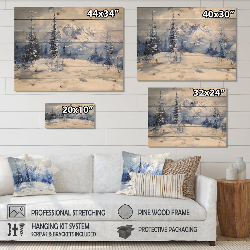 Paysage de montagne enneigée en hiver I - Décoration murale traditionnelle en bois sur bois de pin naturel, H 10 po x l 20 po
