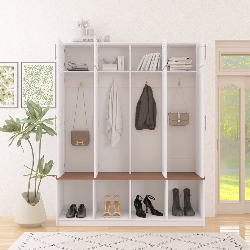 Farmhouse 4-in-1 Mall Tree, Walnut, 4 Hidden Hooks, 8 Doors, Open Compartment Entryway Shoe Cabinet, White