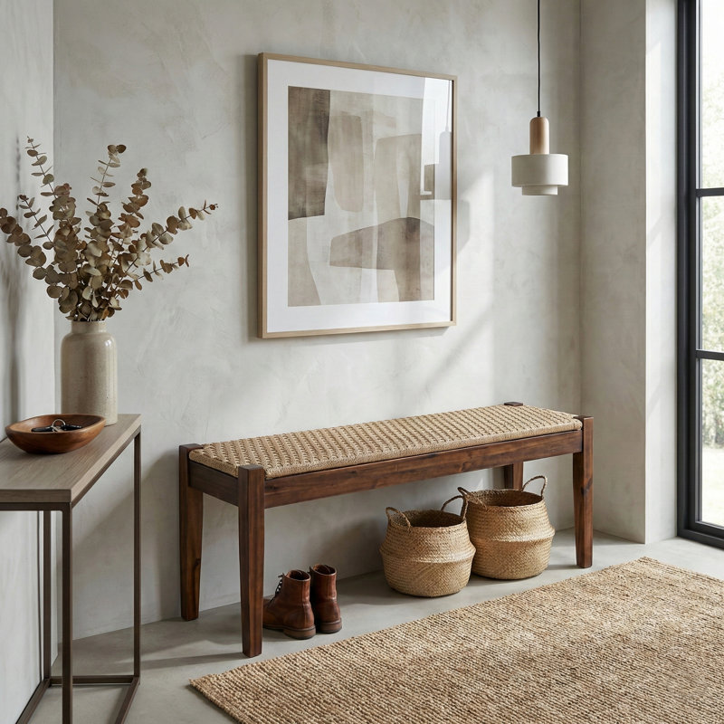Banc de hall d'entrée en bois massif 46 po avec siège en corde tissé à la main Orion, Beige / panier uniforme, Marron foncé
