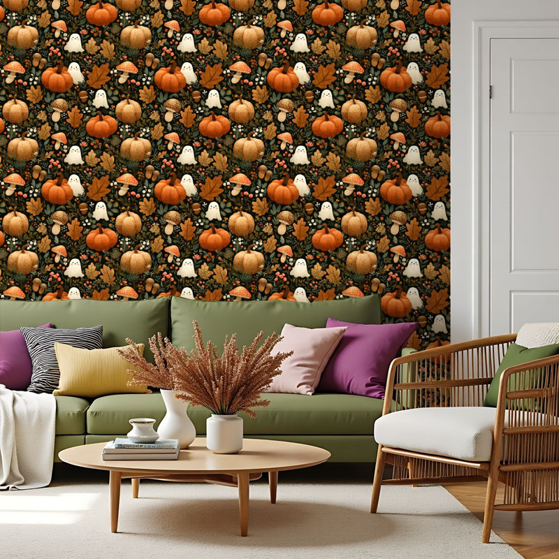 Papier auto-adhésif à peler et coller Aquarelle d'automne forêt de citrouilles auto-adhésive et amovible 17,7 po x 118 po (45 x 300 cm)
