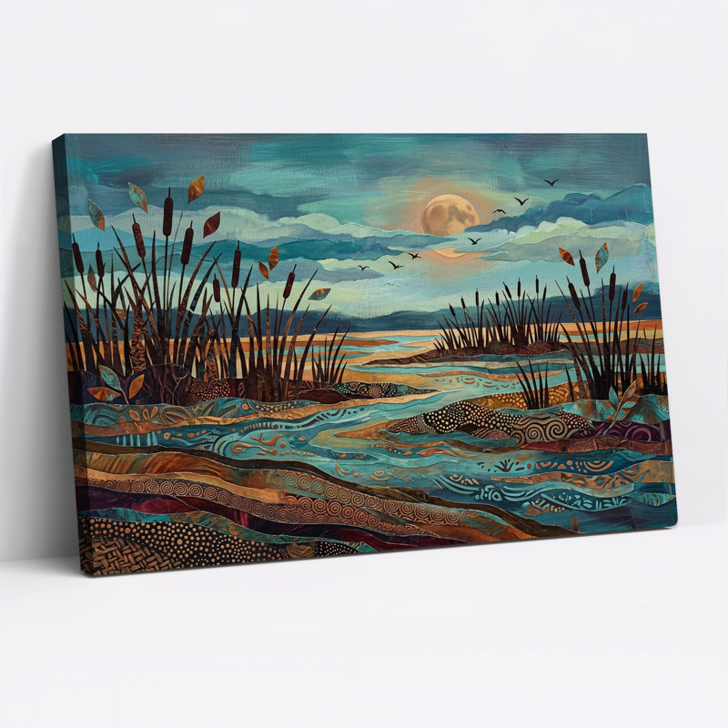 Tableau sur toile « Marais au clair de lune turquoise avec quenouilles et eau à motifs », H 20 po x l 30 po