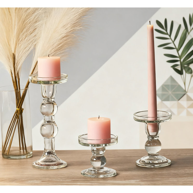 3-Piece Glass Candle Holder Set For Pillar And Taper Candles, Clear Candle Stand For Home Decor And Centerpieces