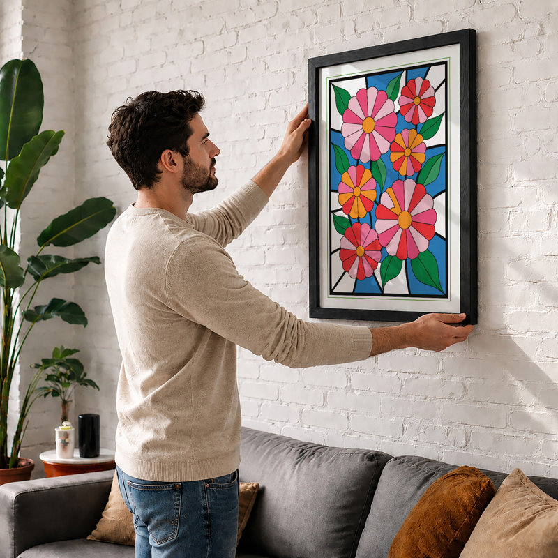 Stained Glass Flowers Botanical - Framed Print, A2 - 59.4 x 42.0 cm, Walnut