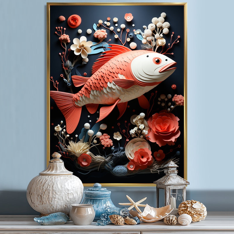 «Red Fish and Small Animal Underwater Coral», reproduction sur toile, Cadre flottant doré, H 40 po x l 30 po x P 1,5 po