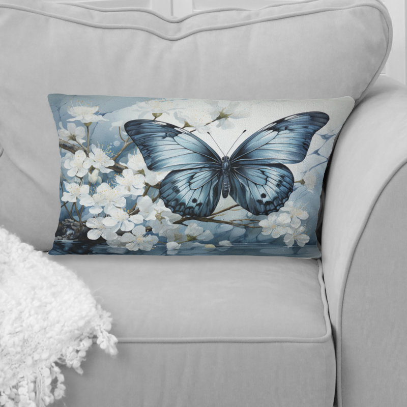 Coussin décoratif à imprimé papillon bleu et blanc