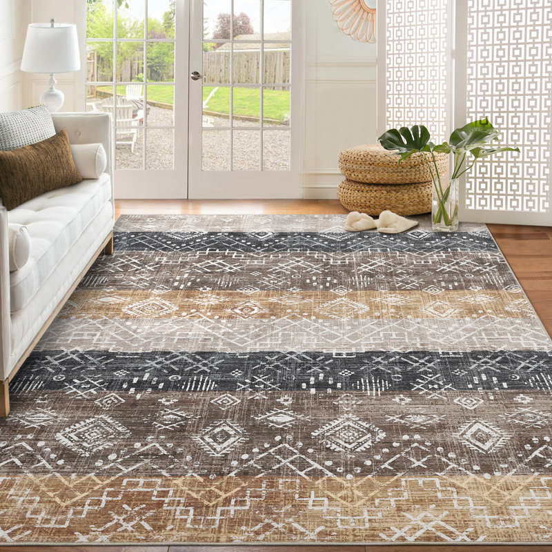 Boho Machine Washable Rug for Living Room Modern Non-Slip Rug for Bedroom Stain-Resistant Low Pile Rugs for Dining Room