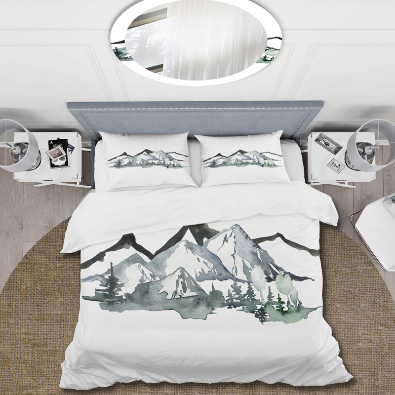 Ensemble de housse de couette moderne en polyester microfibre Minimalistic Winter Mountains and Fir Forest I