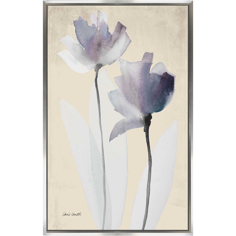 «Double Purple Whisper», reproduction de peinture à l'aquarelle, H 48 po x l 28 po x P 2 po, Cadre flottant argent