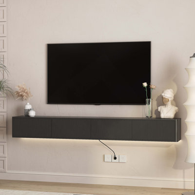 Meuble télé flottant, meuble télé mural avec lumières DEL et prise de courant, meuble télé ultrabrillant pour meuble télé de salon