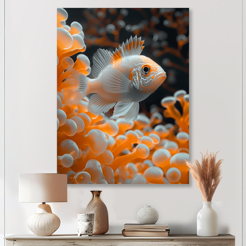 Orange blanc, corail, poisson, corail, White Picture Framed, H 34 po x l 44 po