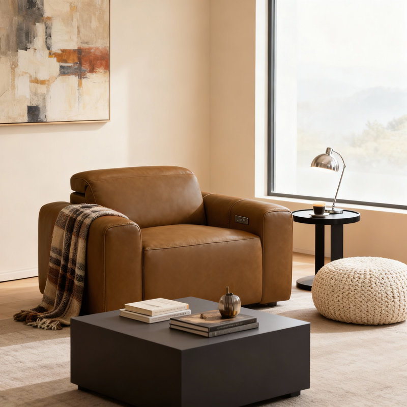 Fauteuil inclinable électrique en cuir fleur 49,5 po avec repose-tête réglable, Carmel